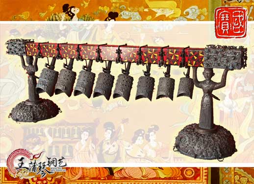 8件古編鐘，銅人銅座裝飾，可發(fā)音